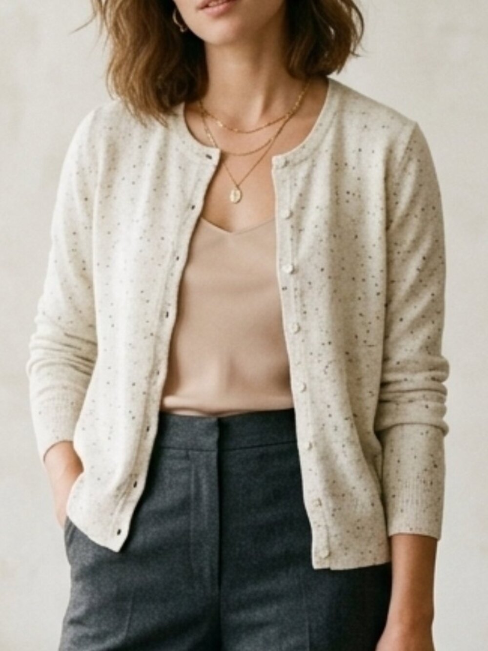 89th and Madison Cream Speckled Crewneck Cardiganโ Sweater Size S